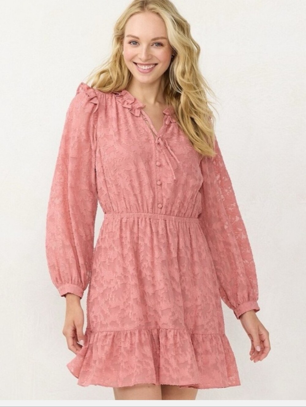 LC Lauren Conrad Dusty Rose Lace Ruffle Long-Sleeve Dress